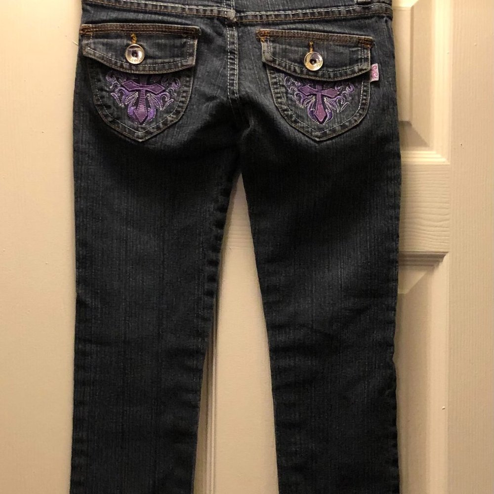 GéGé size 8 dark blue jeans with purple crosses on the back pockets - Picture 3 of 3